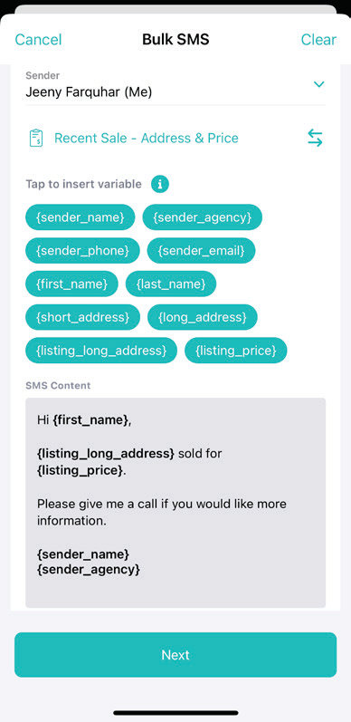 A bulk SMS template with its variable fields